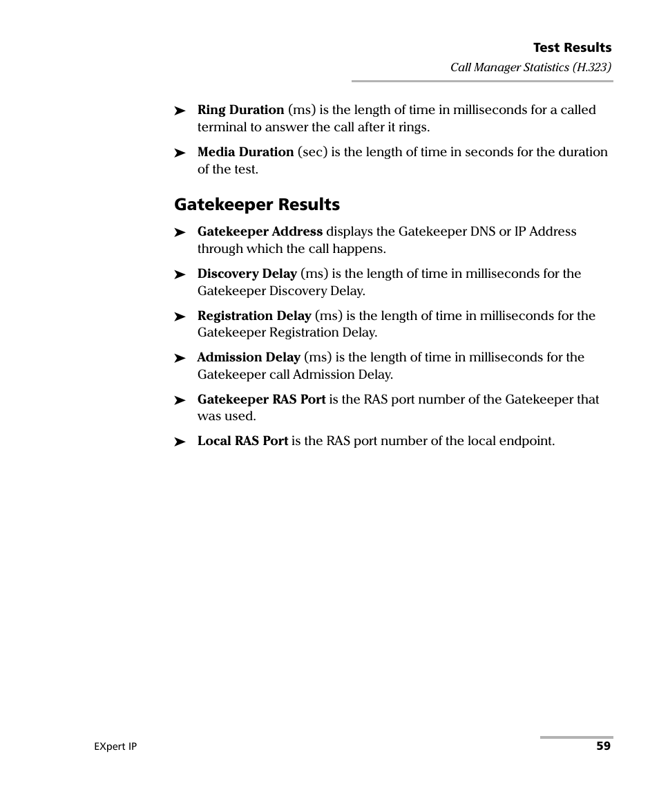 Gatekeeper results | EXFO EXpert VoIP Test Tools User Manual | Page 65 / 107