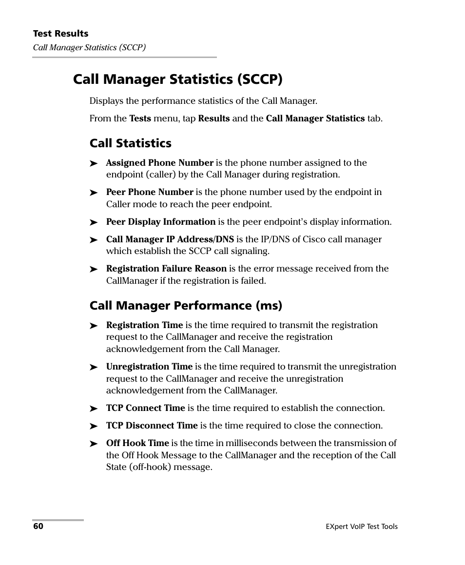 Call manager statistics (sccp), Call statistics, Call manager performance (ms) | EXFO EXpert VoIP Test Tools User Manual | Page 66 / 107