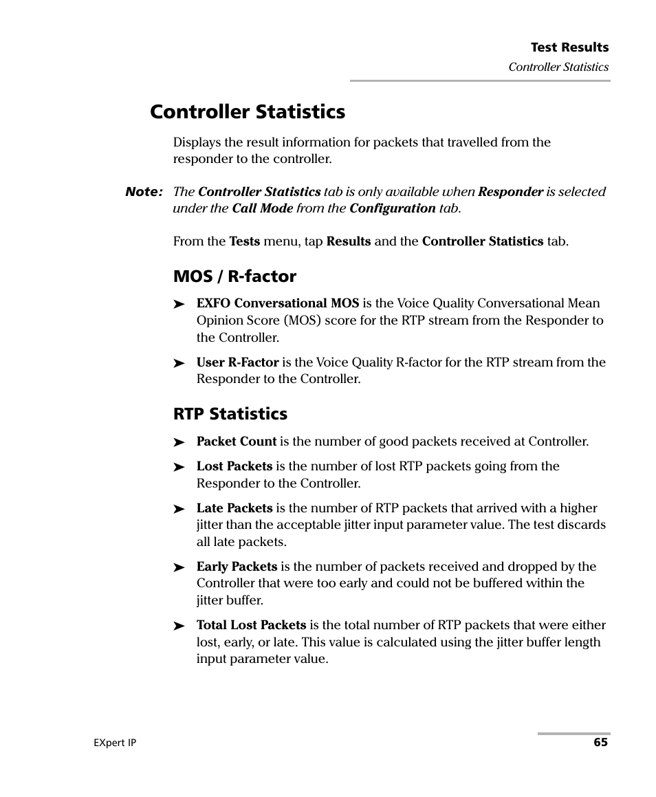 Controller statistics, Controller statistics on, Mos / r-factor | Rtp statistics | EXFO EXpert VoIP Test Tools User Manual | Page 71 / 107
