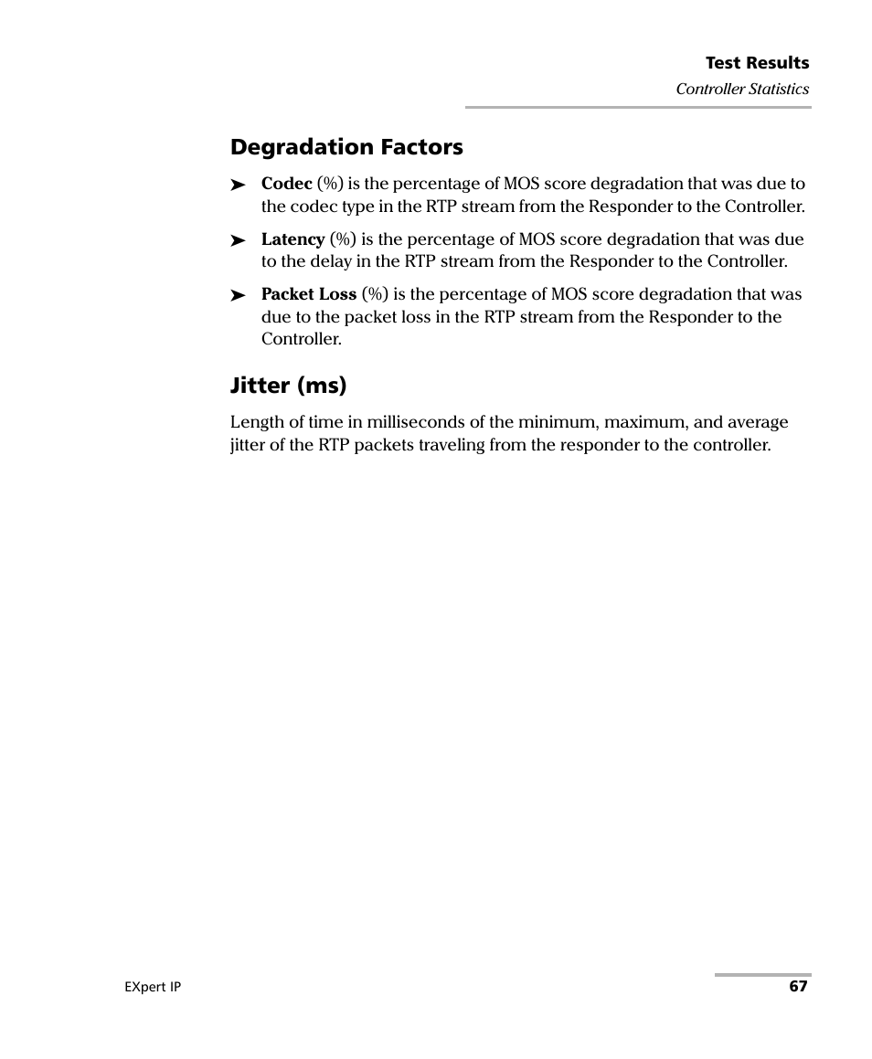 Degradation factors, Jitter (ms) | EXFO EXpert VoIP Test Tools User Manual | Page 73 / 107