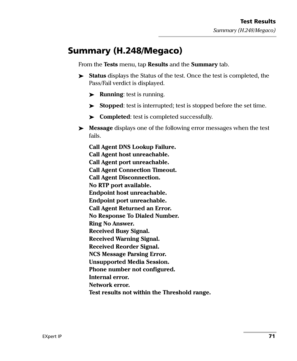 Summary (h.248/megaco) | EXFO EXpert VoIP Test Tools User Manual | Page 77 / 107