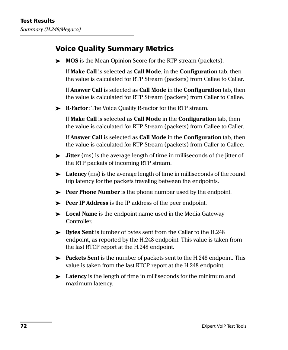 Voice quality summary metrics | EXFO EXpert VoIP Test Tools User Manual | Page 78 / 107