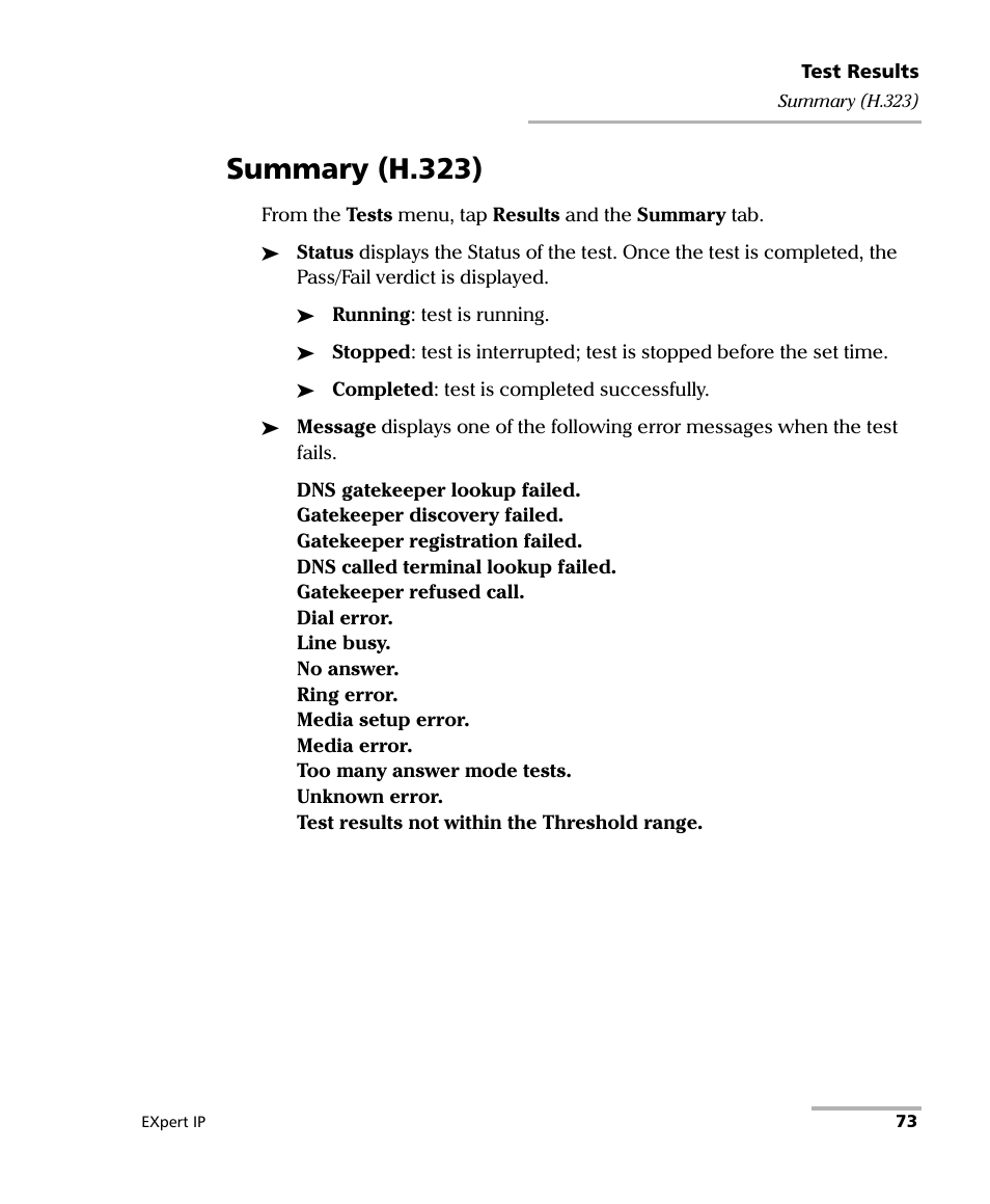 Summary (h.323) | EXFO EXpert VoIP Test Tools User Manual | Page 79 / 107