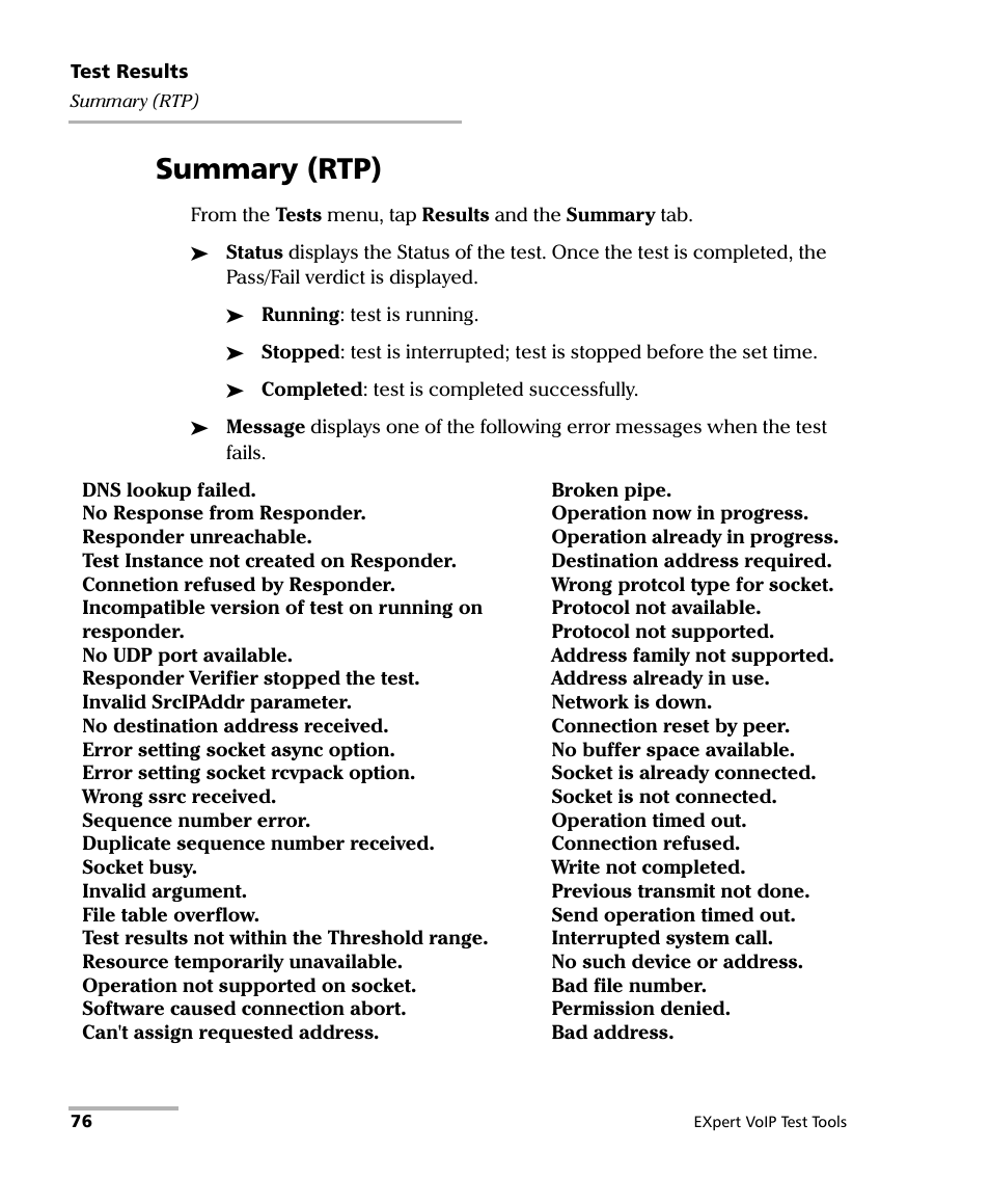 Summary (rtp), Y 76 | EXFO EXpert VoIP Test Tools User Manual | Page 82 / 107