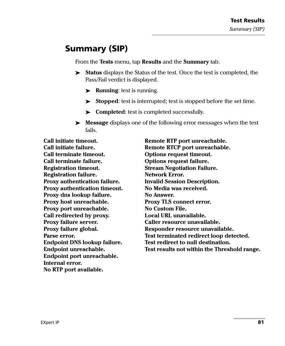 Summary (sip) | EXFO EXpert VoIP Test Tools User Manual | Page 87 / 107