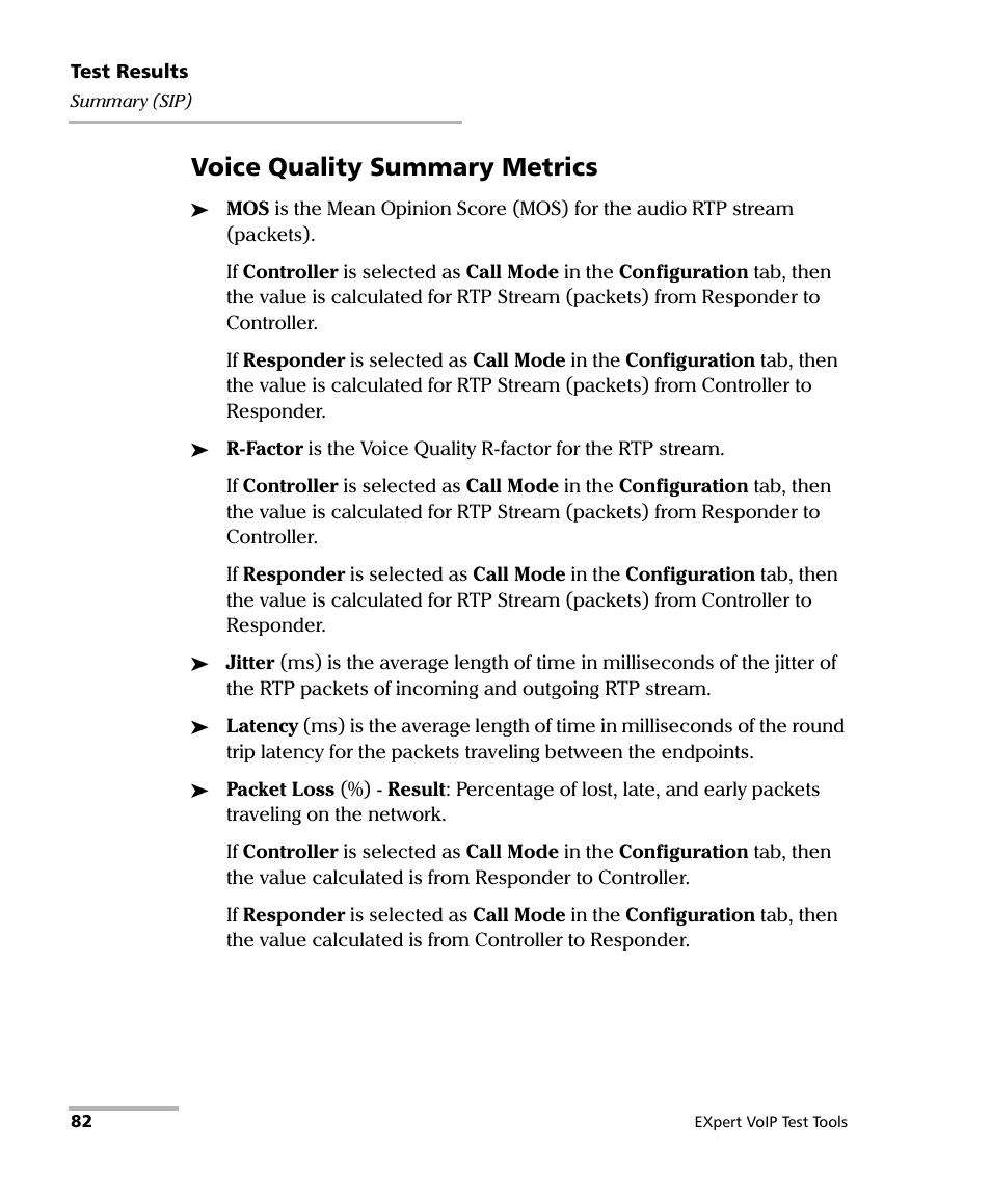 Voice quality summary metrics | EXFO EXpert VoIP Test Tools User Manual | Page 88 / 107