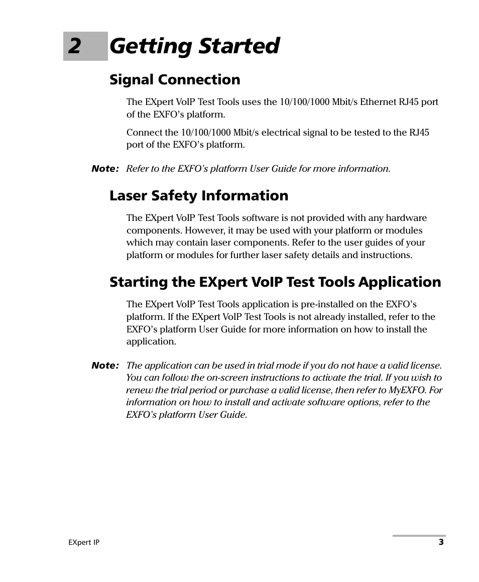 2 getting started, Signal connection, Laser safety information | Starting the expert voip test tools application, 2getting started | EXFO EXpert VoIP Test Tools User Manual | Page 9 / 107
