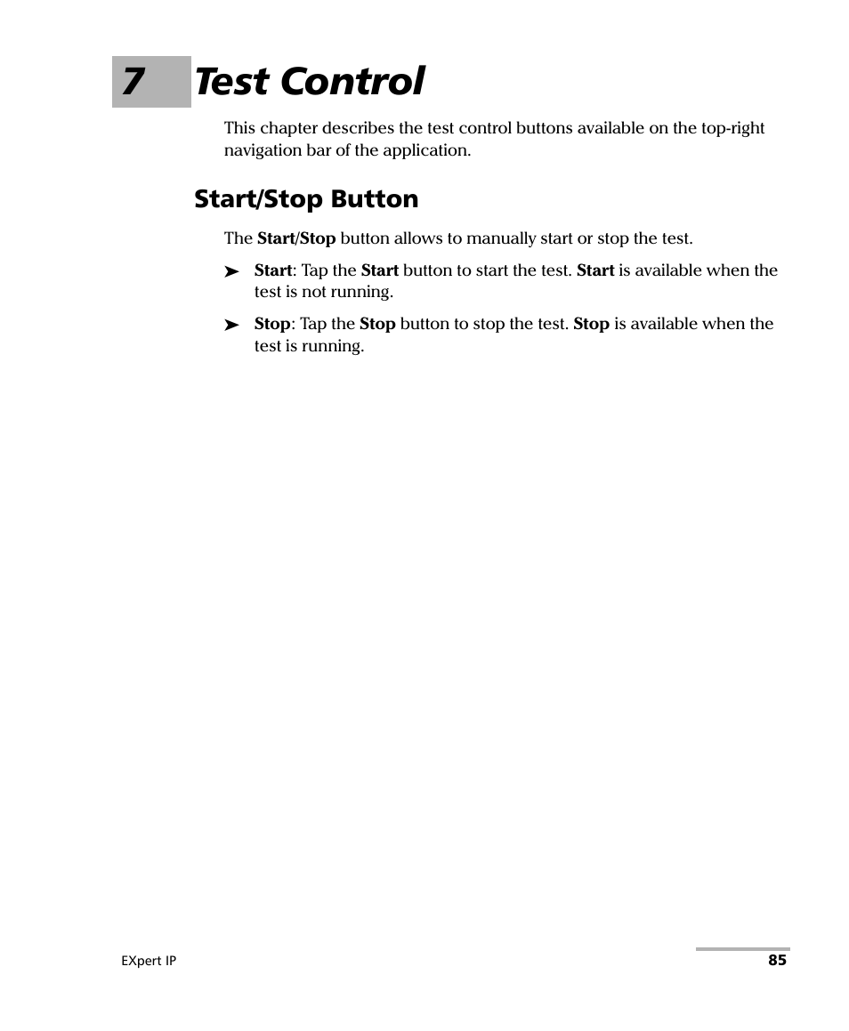 7 test control, Start/stop button, 7test control | EXFO EXpert VoIP Test Tools User Manual | Page 91 / 107