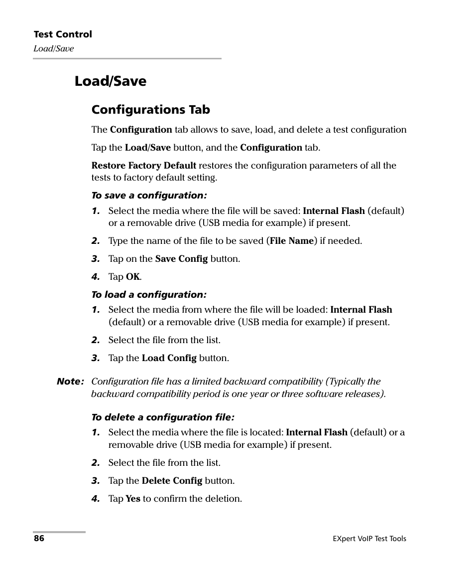 Load/save, Configurations tab | EXFO EXpert VoIP Test Tools User Manual | Page 92 / 107