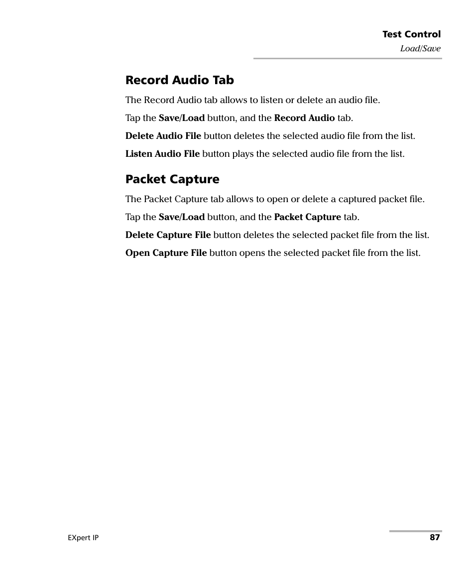 Record audio tab, Packet capture | EXFO EXpert VoIP Test Tools User Manual | Page 93 / 107