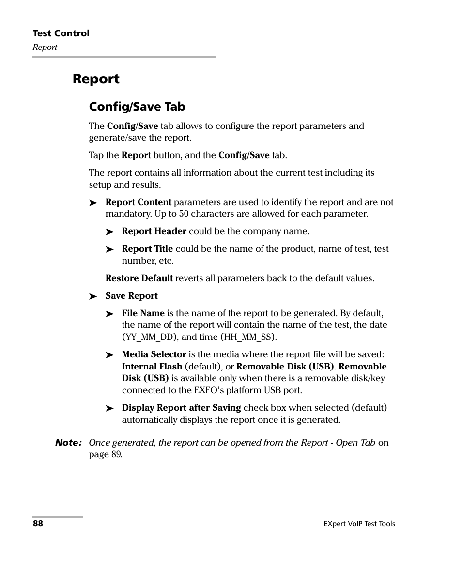 Report, Config/save tab | EXFO EXpert VoIP Test Tools User Manual | Page 94 / 107