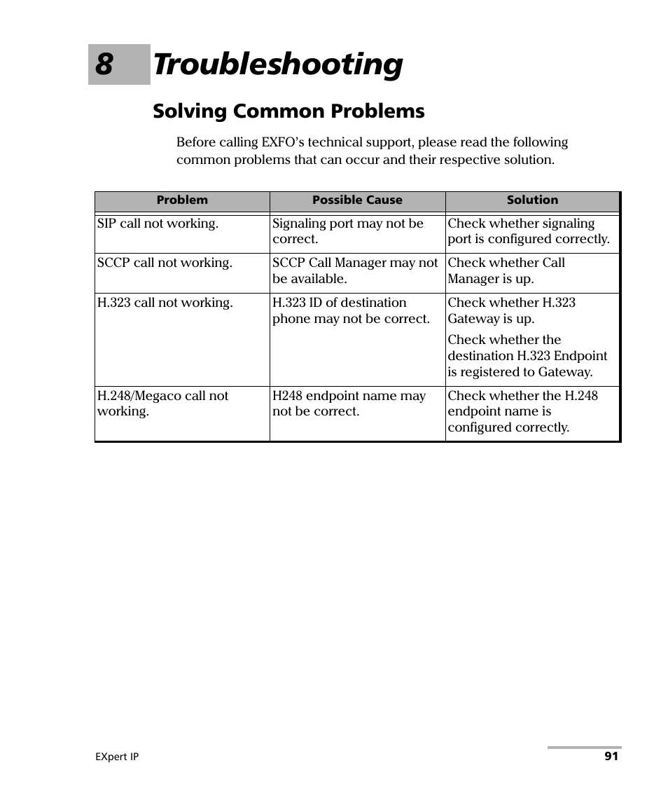 8 troubleshooting, Solving common problems, 8troubleshooting | EXFO EXpert VoIP Test Tools User Manual | Page 97 / 107