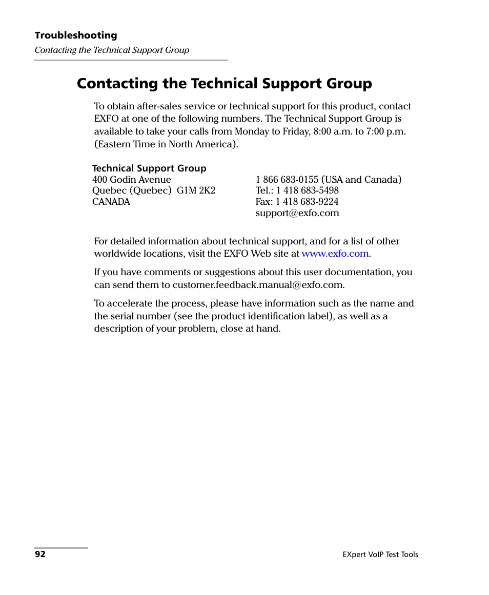 Contacting the technical support group | EXFO EXpert VoIP Test Tools User Manual | Page 98 / 107