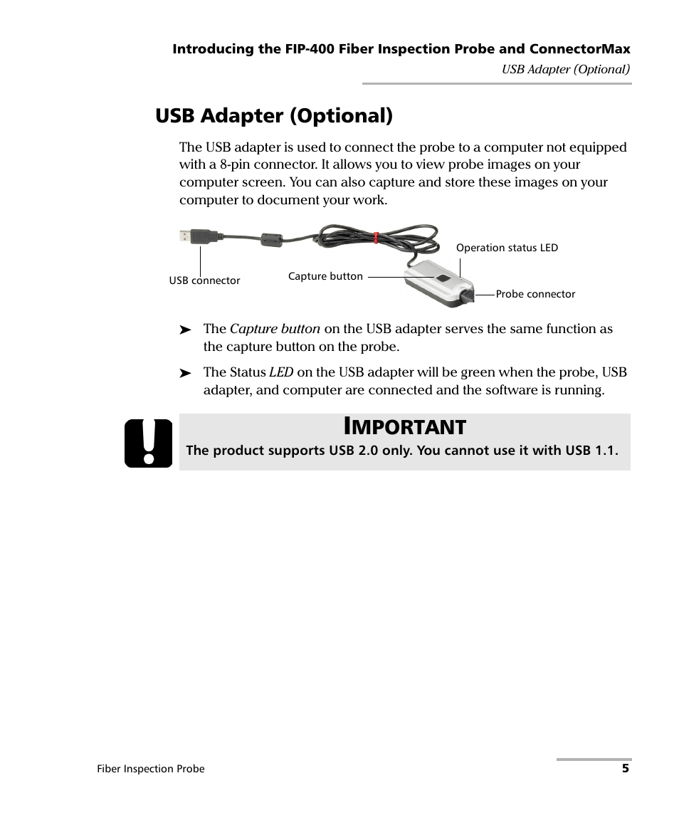 Usb adapter (optional), Mportant | EXFO FIP-400 Fiber Inspection Probe and ConnectorMax User Manual | Page 11 / 78