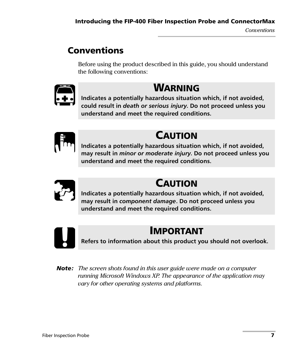 Conventions, Arning, Aution | Mportant | EXFO FIP-400 Fiber Inspection Probe and ConnectorMax User Manual | Page 13 / 78