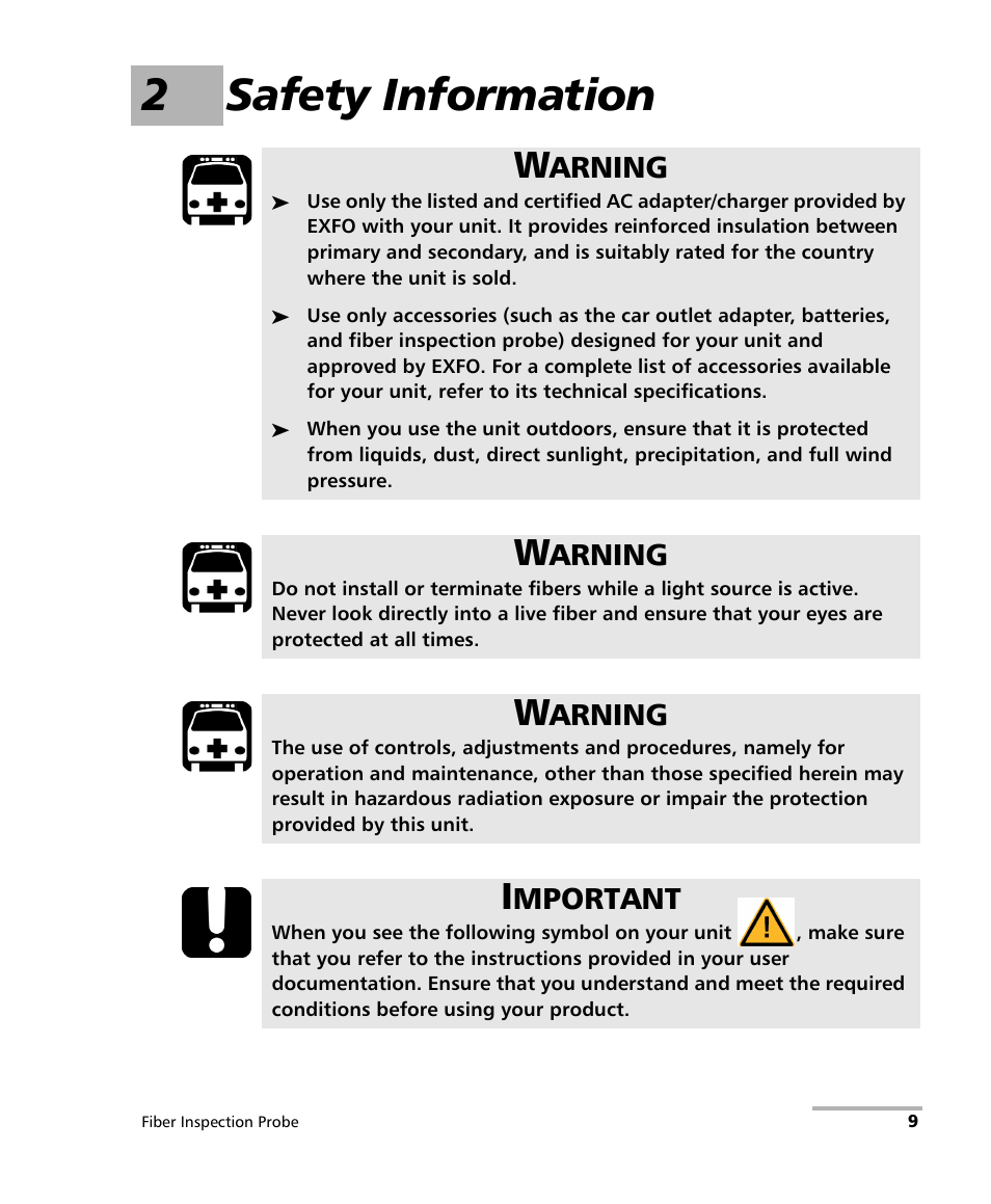 2 safety information, 2safety information | EXFO FIP-400 Fiber Inspection Probe and ConnectorMax User Manual | Page 15 / 78