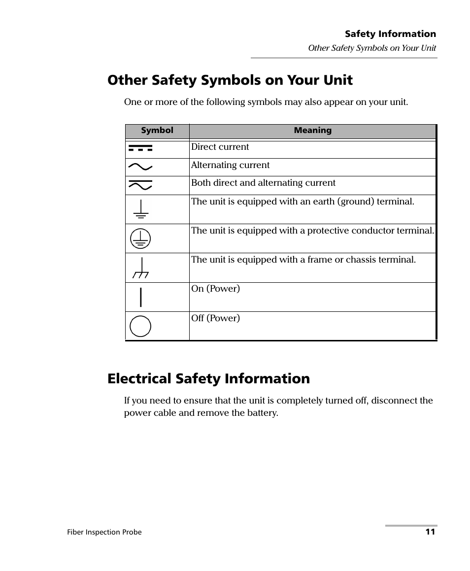 Other safety symbols on your unit, Electrical safety information | EXFO FIP-400 Fiber Inspection Probe and ConnectorMax User Manual | Page 17 / 78
