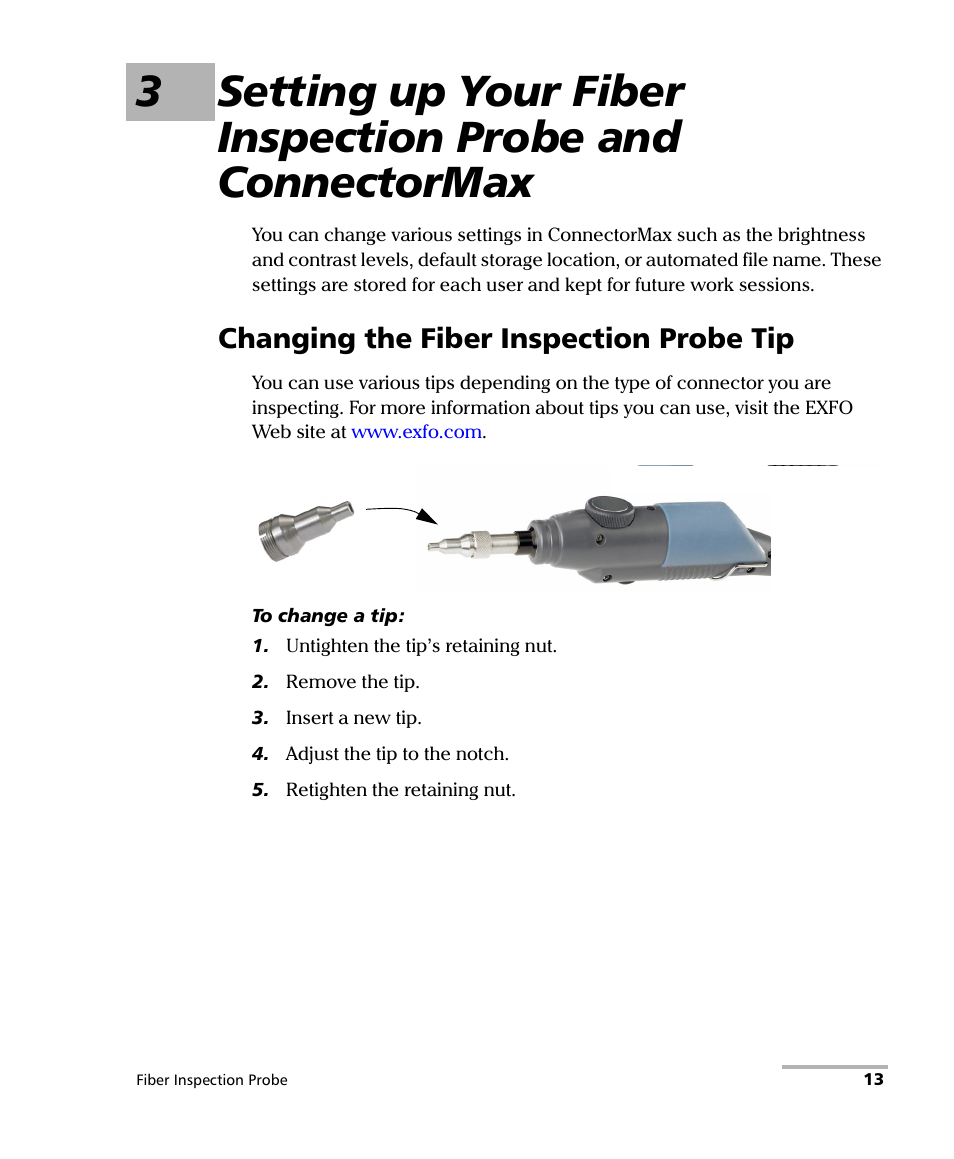 Changing the fiber inspection probe tip | EXFO FIP-400 Fiber Inspection Probe and ConnectorMax User Manual | Page 19 / 78