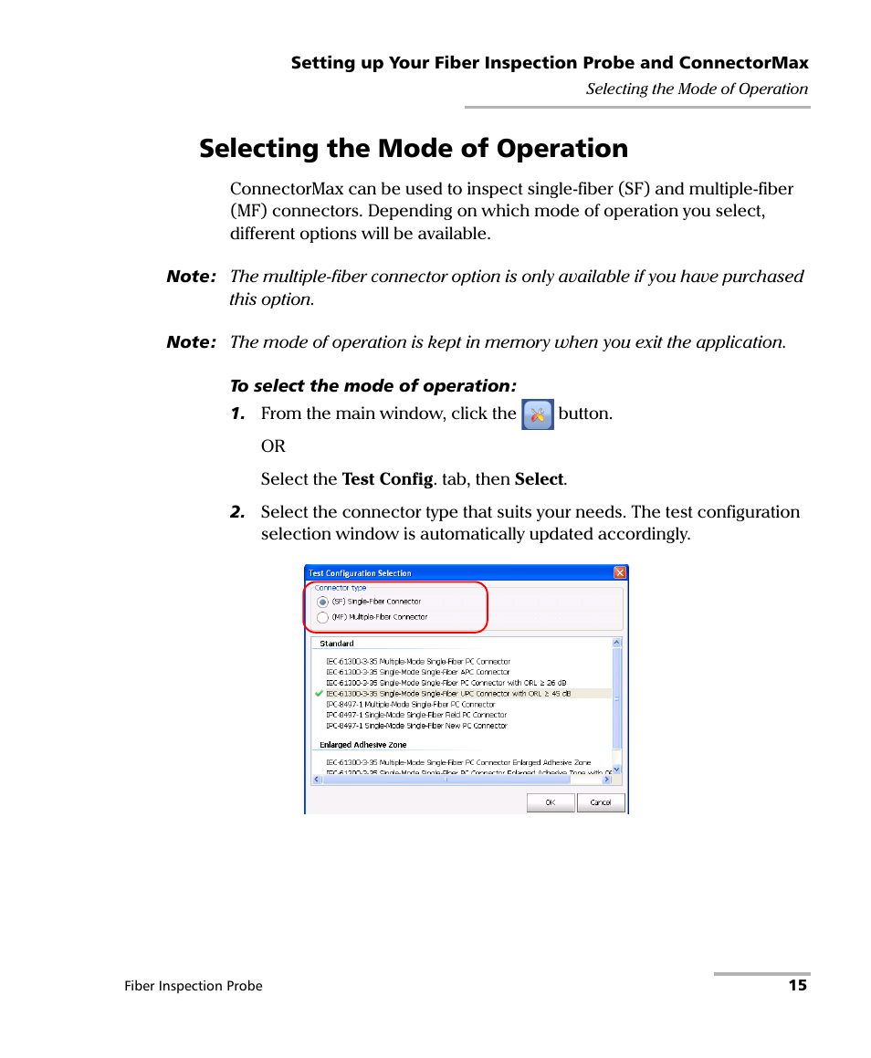 Selecting the mode of operation | EXFO FIP-400 Fiber Inspection Probe and ConnectorMax User Manual | Page 21 / 78