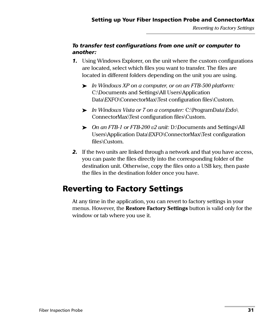 Reverting to factory settings | EXFO FIP-400 Fiber Inspection Probe and ConnectorMax User Manual | Page 37 / 78