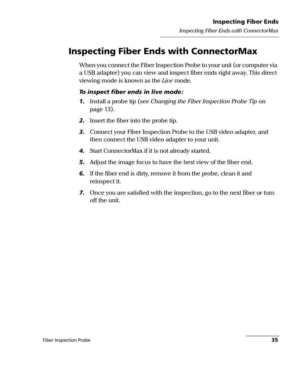 Inspecting fiber ends with connectormax | EXFO FIP-400 Fiber Inspection Probe and ConnectorMax User Manual | Page 41 / 78