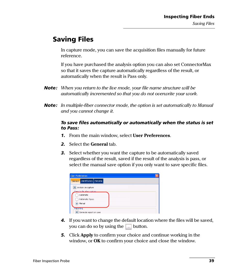 Saving files | EXFO FIP-400 Fiber Inspection Probe and ConnectorMax User Manual | Page 45 / 78
