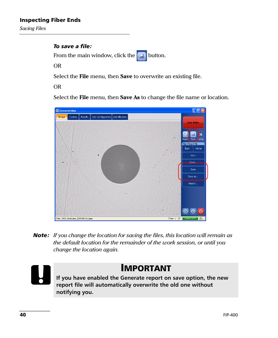 Mportant | EXFO FIP-400 Fiber Inspection Probe and ConnectorMax User Manual | Page 46 / 78