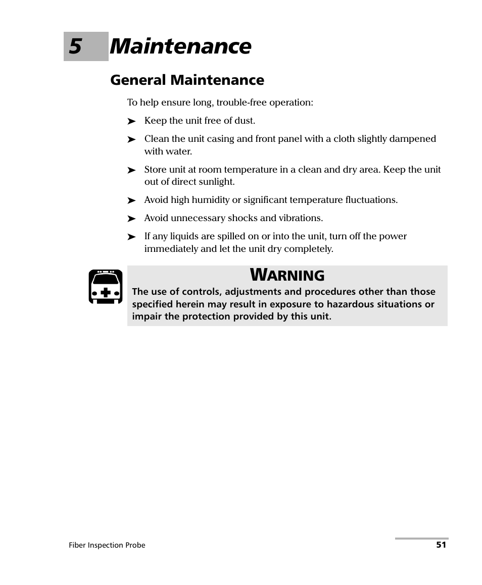 5 maintenance, General maintenance, 5maintenance | Arning | EXFO FIP-400 Fiber Inspection Probe and ConnectorMax User Manual | Page 57 / 78