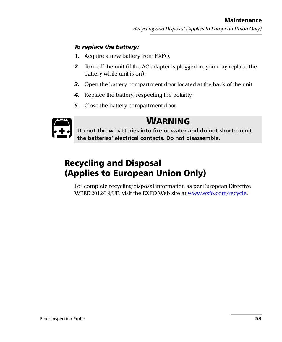 Arning | EXFO FIP-400 Fiber Inspection Probe and ConnectorMax User Manual | Page 59 / 78