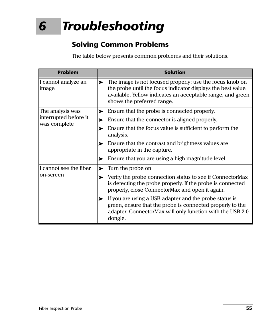 6 troubleshooting, 6troubleshooting, Solving common problems | EXFO FIP-400 Fiber Inspection Probe and ConnectorMax User Manual | Page 61 / 78