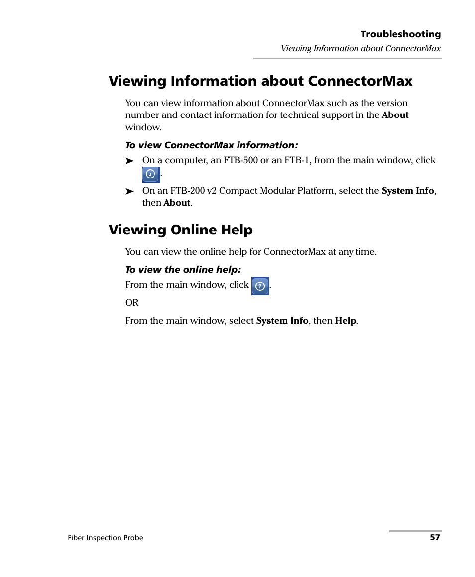Viewing information about connectormax, Viewing online help | EXFO FIP-400 Fiber Inspection Probe and ConnectorMax User Manual | Page 63 / 78