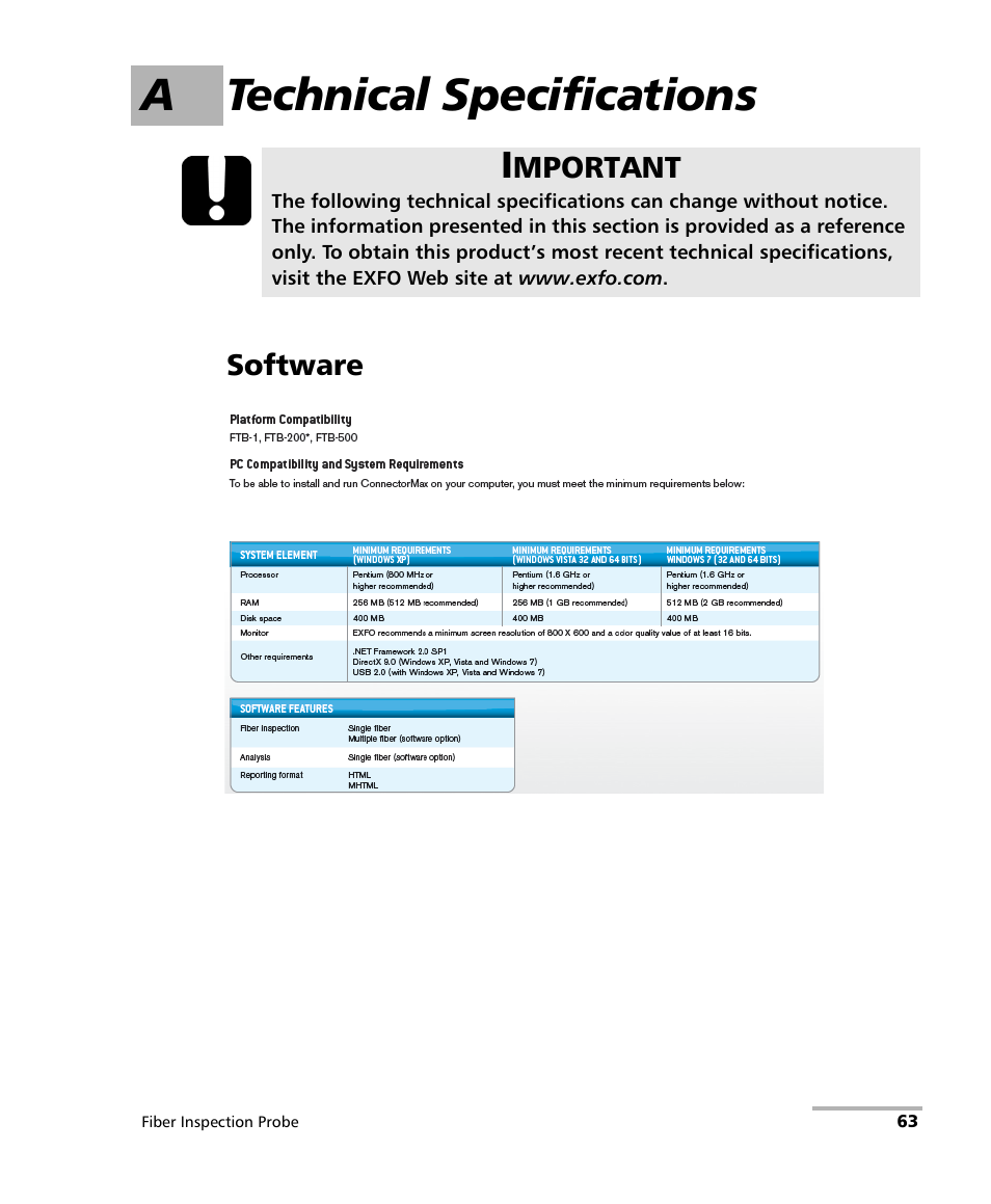 A technical specifications, Software | EXFO FIP-400 Fiber Inspection Probe and ConnectorMax User Manual | Page 69 / 78
