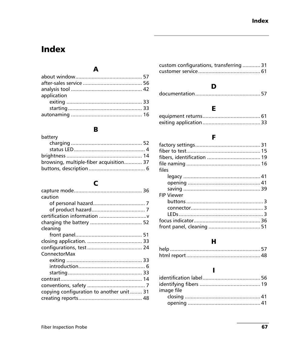 Index | EXFO FIP-400 Fiber Inspection Probe and ConnectorMax User Manual | Page 73 / 78
