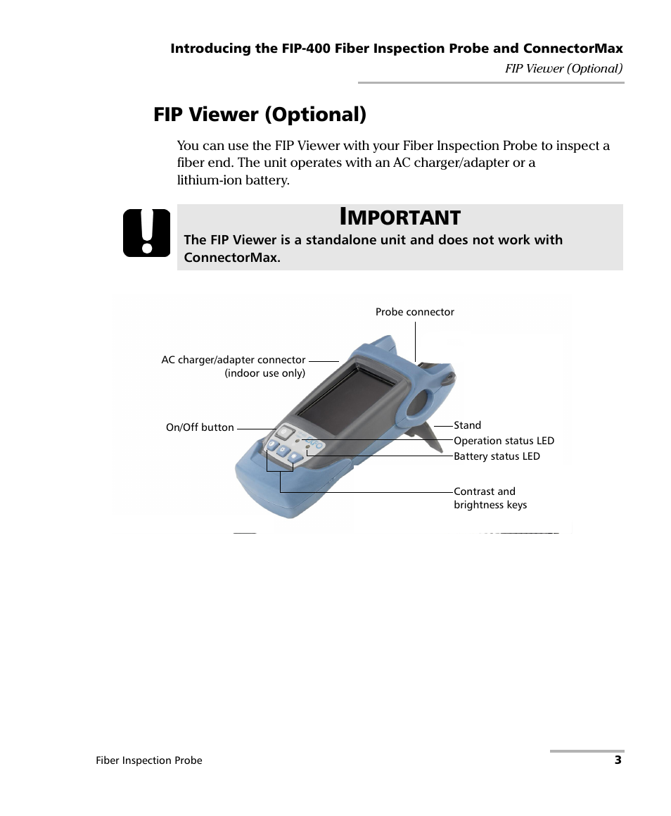 Fip viewer (optional), Mportant | EXFO FIP-400 Fiber Inspection Probe and ConnectorMax User Manual | Page 9 / 78