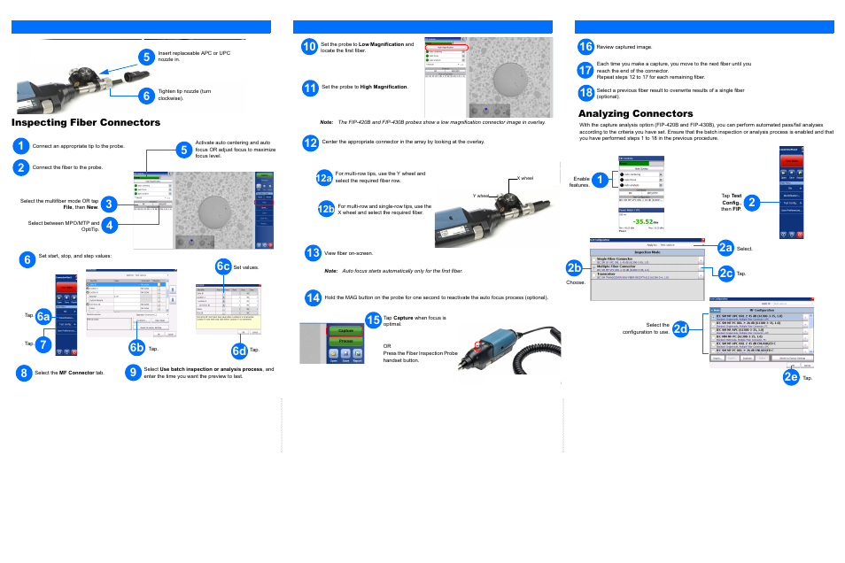 6b 7 8, Analyzing connectors, Inspecting fiber connectors | 12b 12a | EXFO FIP-400B Fiber Inspection Probe Multifiber User Manual | Page 2 / 2