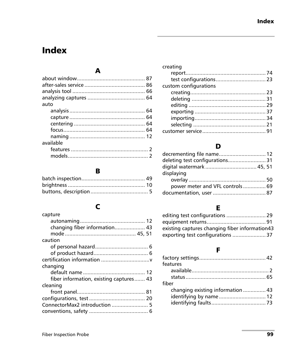 Index | EXFO FIP-400B Fiber Inspection Probe and ConnectorMax2 User Manual | Page 105 / 111