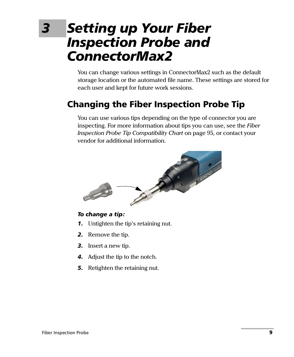 Changing the fiber inspection probe tip | EXFO FIP-400B Fiber Inspection Probe and ConnectorMax2 User Manual | Page 15 / 111