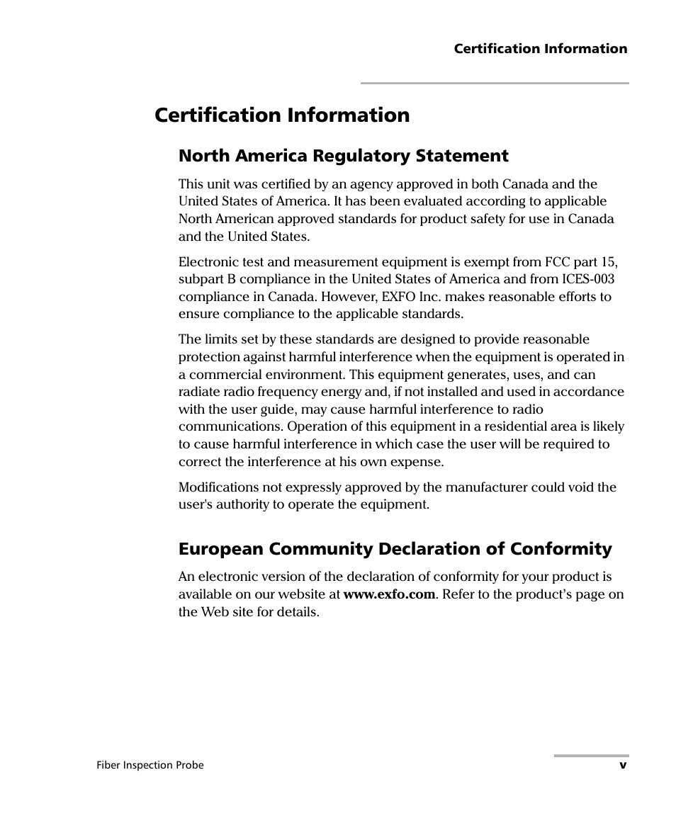 Certification information, North america regulatory statement, European community declaration of conformity | EXFO FIP-400B Fiber Inspection Probe and ConnectorMax2 User Manual | Page 5 / 111