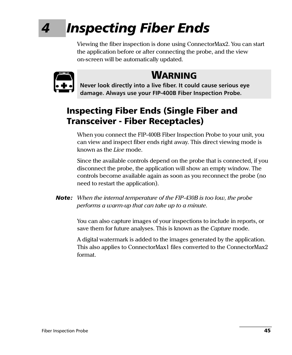 4 inspecting fiber ends, 4inspecting fiber ends, Arning | EXFO FIP-400B Fiber Inspection Probe and ConnectorMax2 User Manual | Page 51 / 111