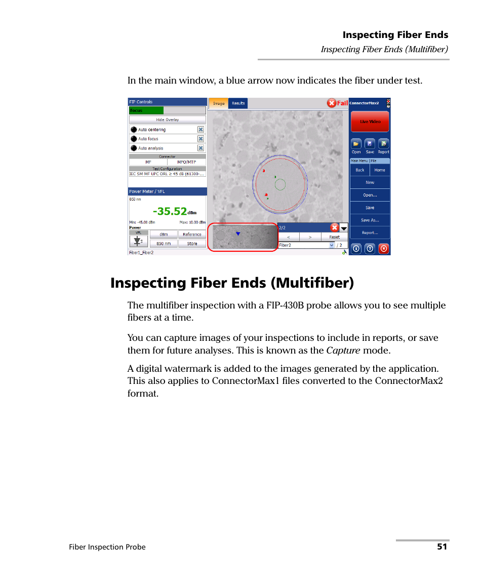 Inspecting fiber ends (multifiber) | EXFO FIP-400B Fiber Inspection Probe and ConnectorMax2 User Manual | Page 57 / 111
