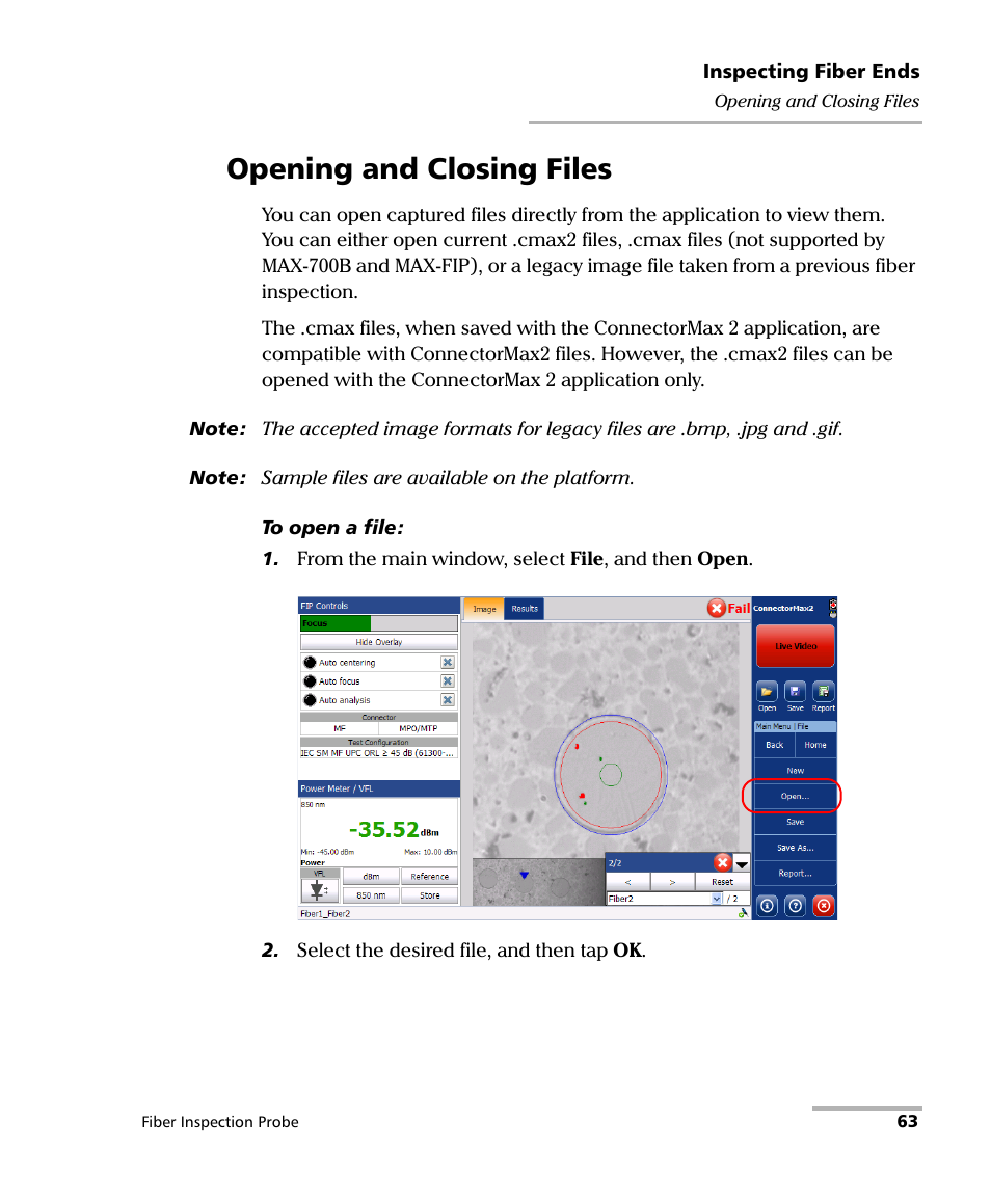 Opening and closing files | EXFO FIP-400B Fiber Inspection Probe and ConnectorMax2 User Manual | Page 69 / 111