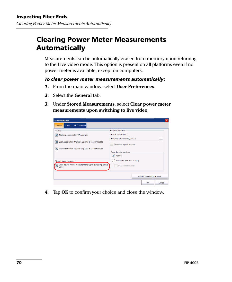 Clearing power meter measurements automatically | EXFO FIP-400B Fiber Inspection Probe and ConnectorMax2 User Manual | Page 76 / 111