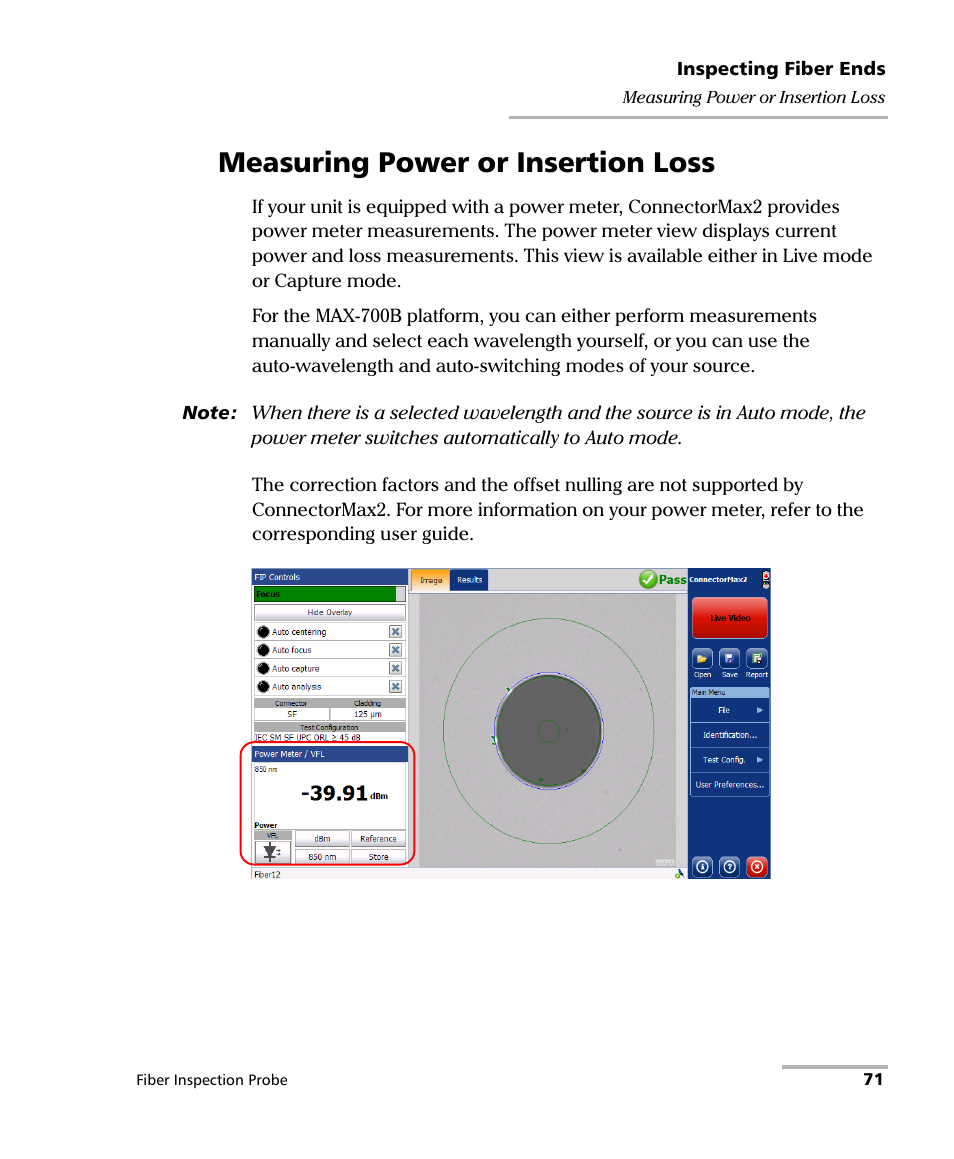 Measuring power or insertion loss | EXFO FIP-400B Fiber Inspection Probe and ConnectorMax2 User Manual | Page 77 / 111