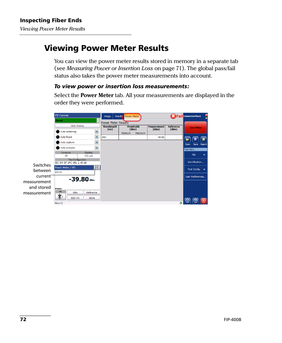 Viewing power meter results | EXFO FIP-400B Fiber Inspection Probe and ConnectorMax2 User Manual | Page 78 / 111