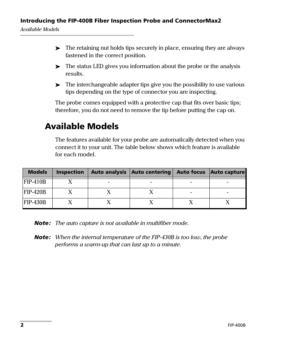 Available models | EXFO FIP-400B Fiber Inspection Probe and ConnectorMax2 User Manual | Page 8 / 111