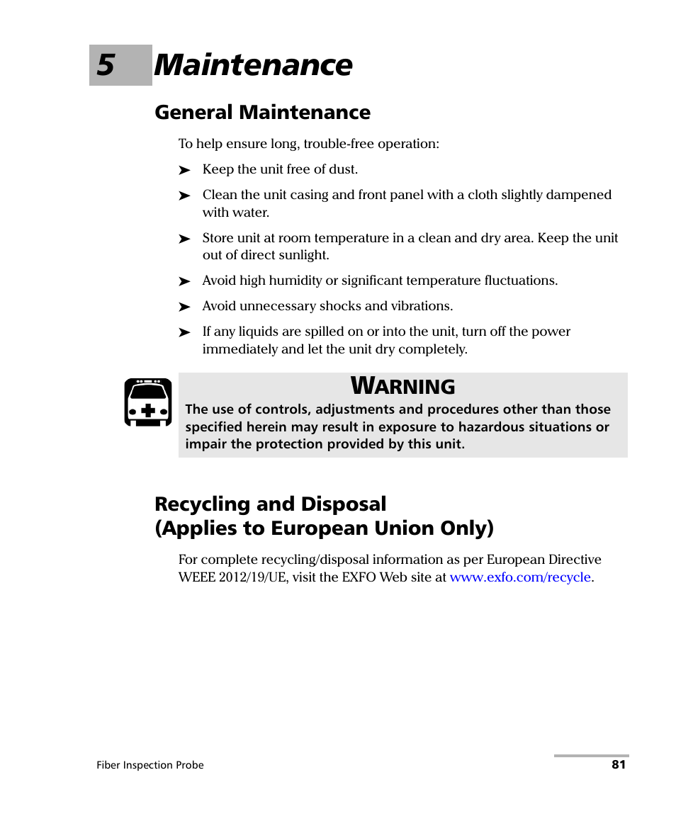 5 maintenance, General maintenance, 5maintenance | Arning | EXFO FIP-400B Fiber Inspection Probe and ConnectorMax2 User Manual | Page 87 / 111
