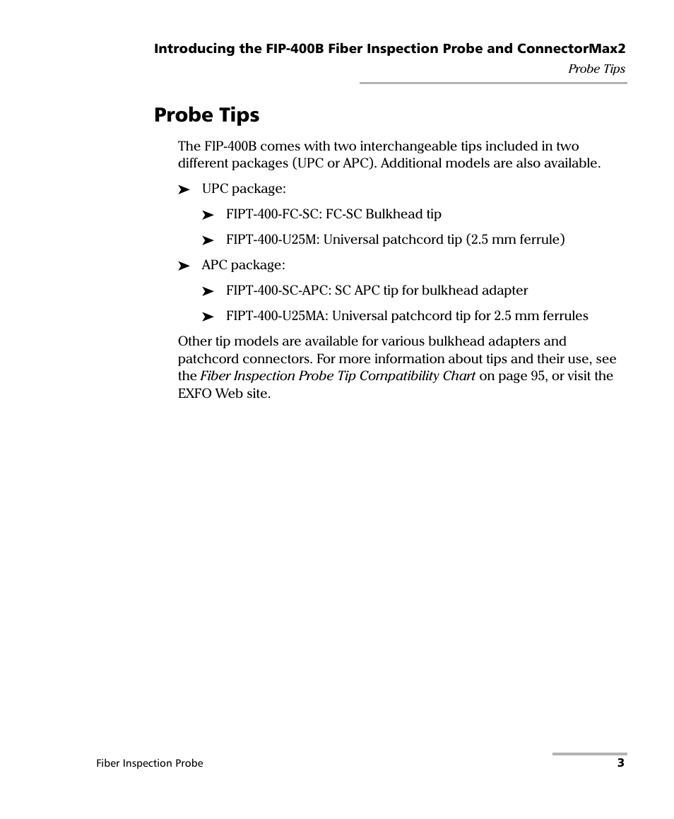 Probe tips | EXFO FIP-400B Fiber Inspection Probe and ConnectorMax2 User Manual | Page 9 / 111