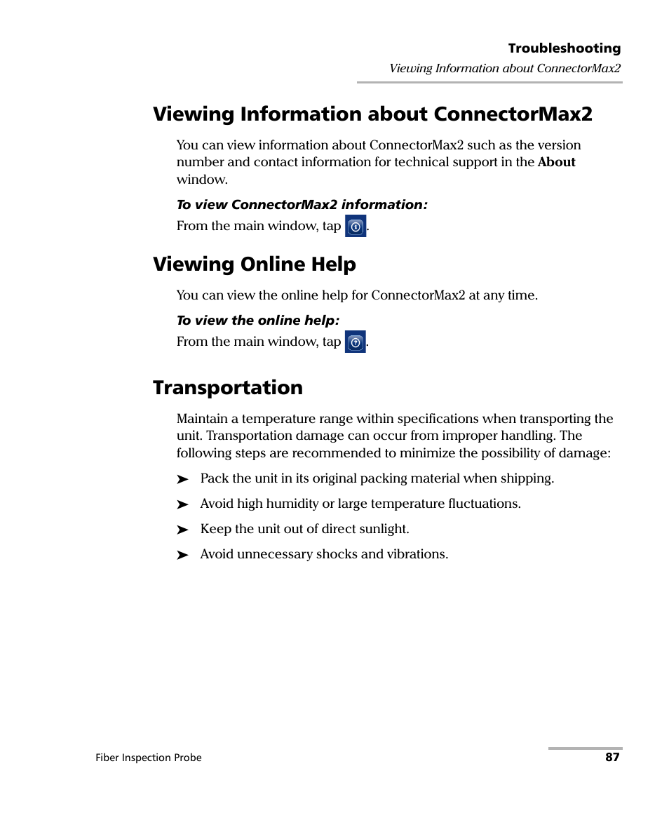 Viewing information about connectormax2, Viewing online help, Transportation | EXFO FIP-400B Fiber Inspection Probe and ConnectorMax2 User Manual | Page 93 / 111