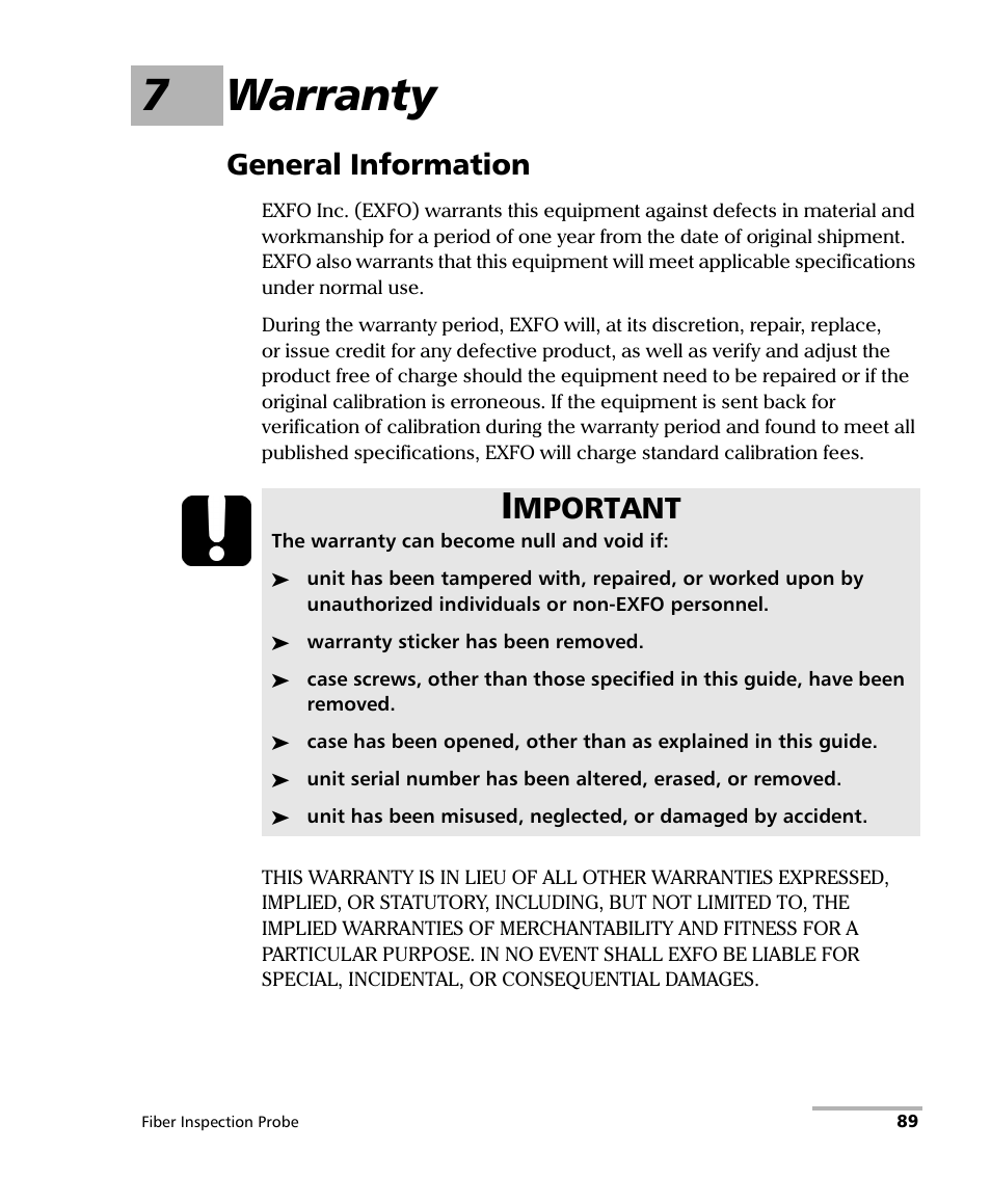 7 warranty, General information, 7warranty | Mportant | EXFO FIP-400B Fiber Inspection Probe and ConnectorMax2 User Manual | Page 95 / 111