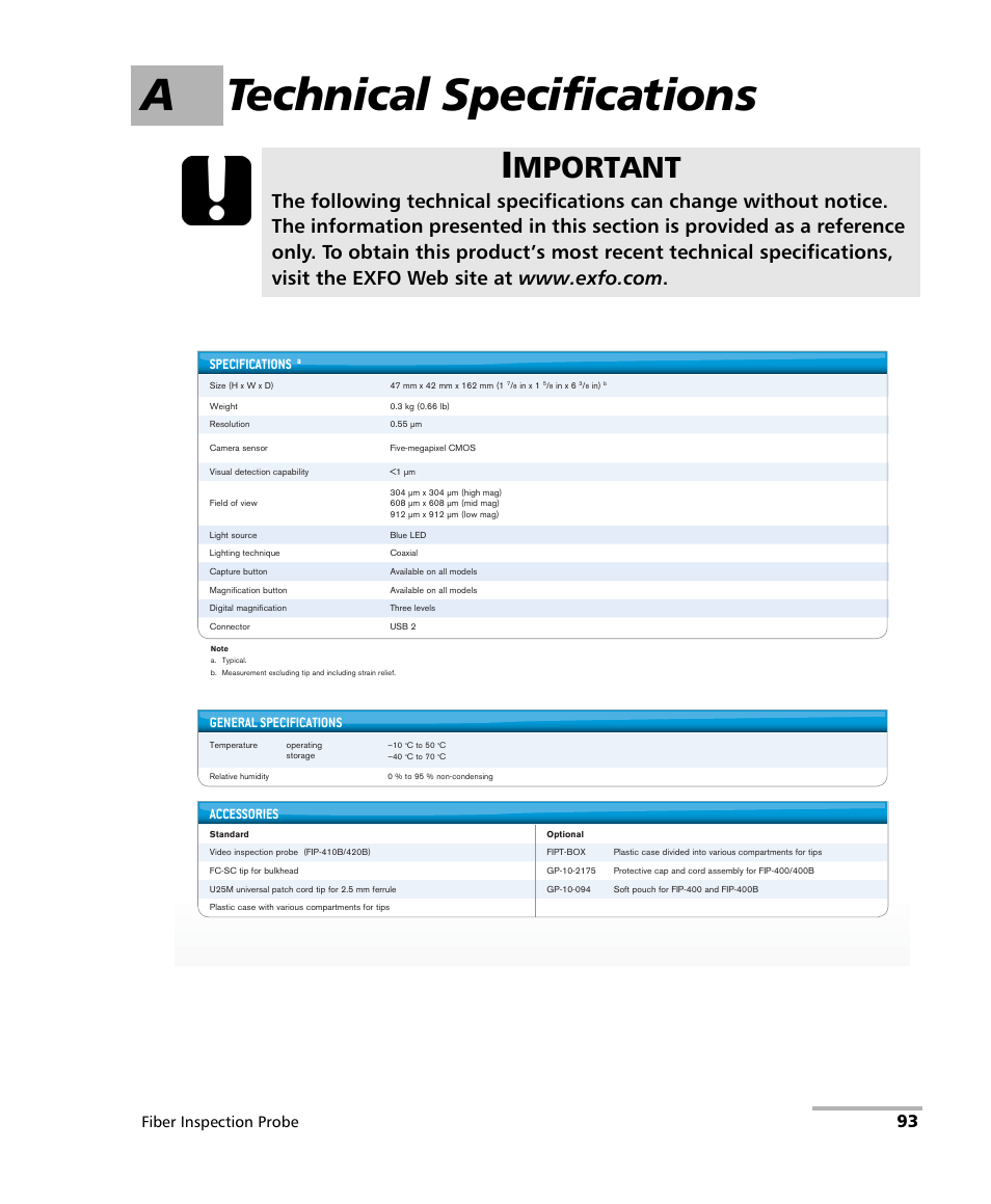 A technical specifications, Mportant, Fiber inspection probe | Specifications, General specifications, Accessories | EXFO FIP-400B Fiber Inspection Probe and ConnectorMax2 User Manual | Page 99 / 111